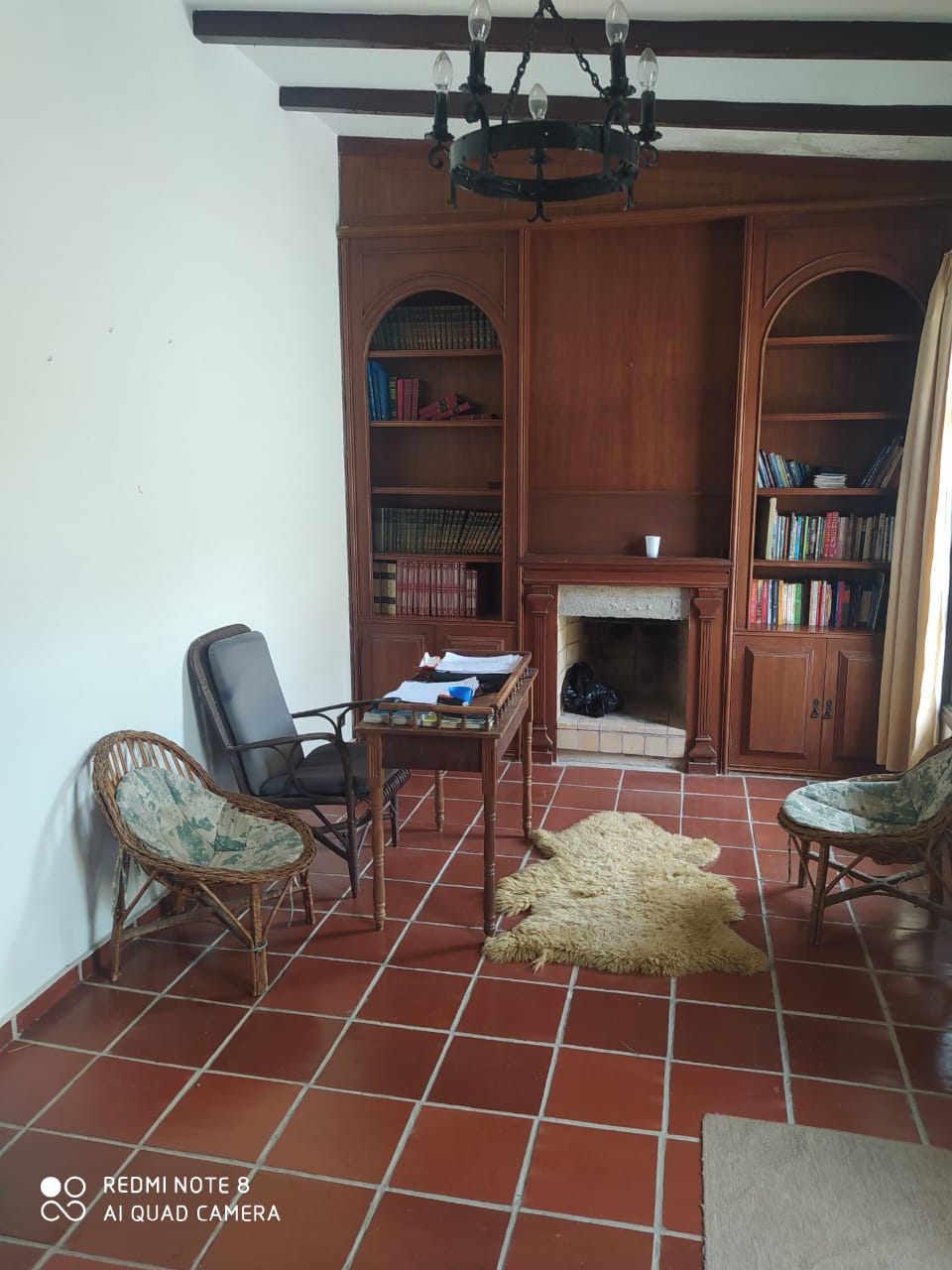 Biblioteca e sala de leitura com lareira